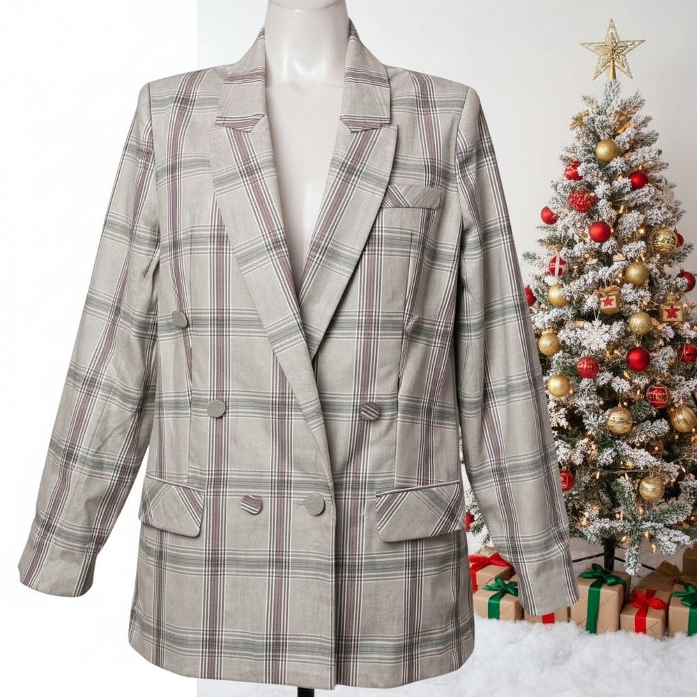 Cabi Women’s #5470 Sleuth Blazer Jacket Size 8 Gray Plaid Double Breasted Blazer